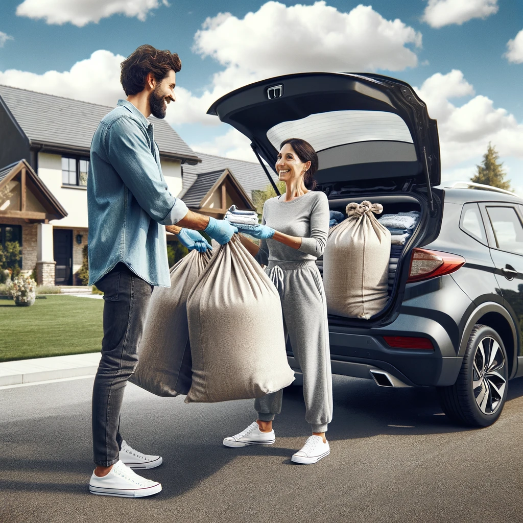 DALL·E 2024-03-30 17.07.40 - Imagine a scene where a person is handing over laundry bags to a customer from the trunk of a private, unmarked car. The car is parked in front of a m